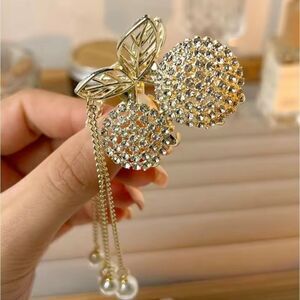 Brand New Gold Tone Cherry Rhinestone Pearl Hair Claw Clips